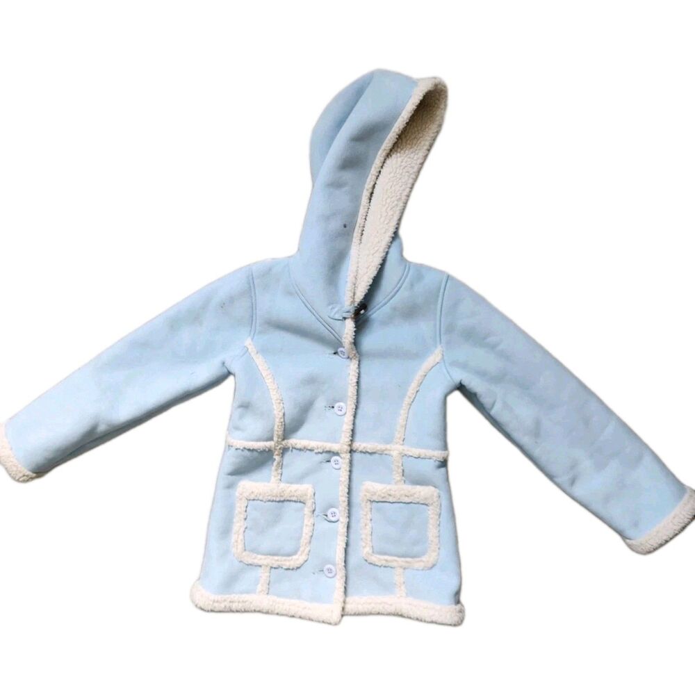 L.L. Bean Girls Faux Suede Sherpa Lined Hooded Coat Blue White Sz S 8 GUC